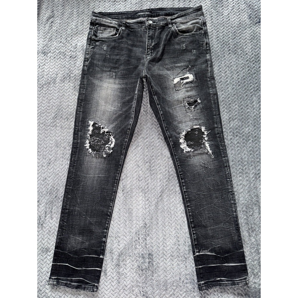 Embellish Jeans Mens Black Denim Distressed Straight Leg Dark Wash Size 38